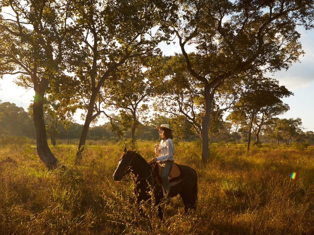 A traveler riding a horse through golden fields. This region of South Pantanal offers an authentic ranch experience for your pantanal trip.