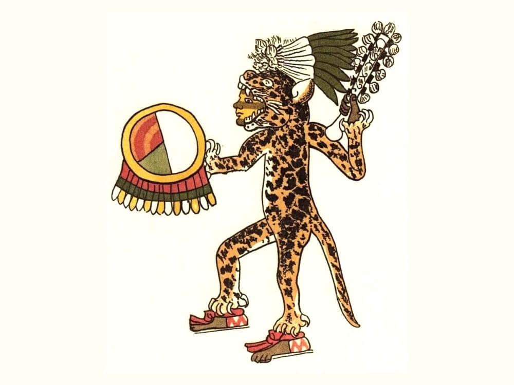 A historical Mesoamerican illustration depicting a figure dressed as a jaguar warrior with a shield and headdress.