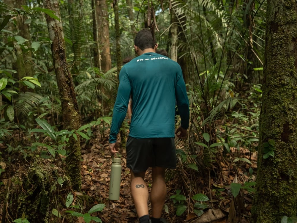 A traveler hikes through the dense green jungle, experiencing ecotourism in the Amazon firsthand. A traveler hikes through the dense green jungle, experiencing ecotourism in the Amazon firsthand.
