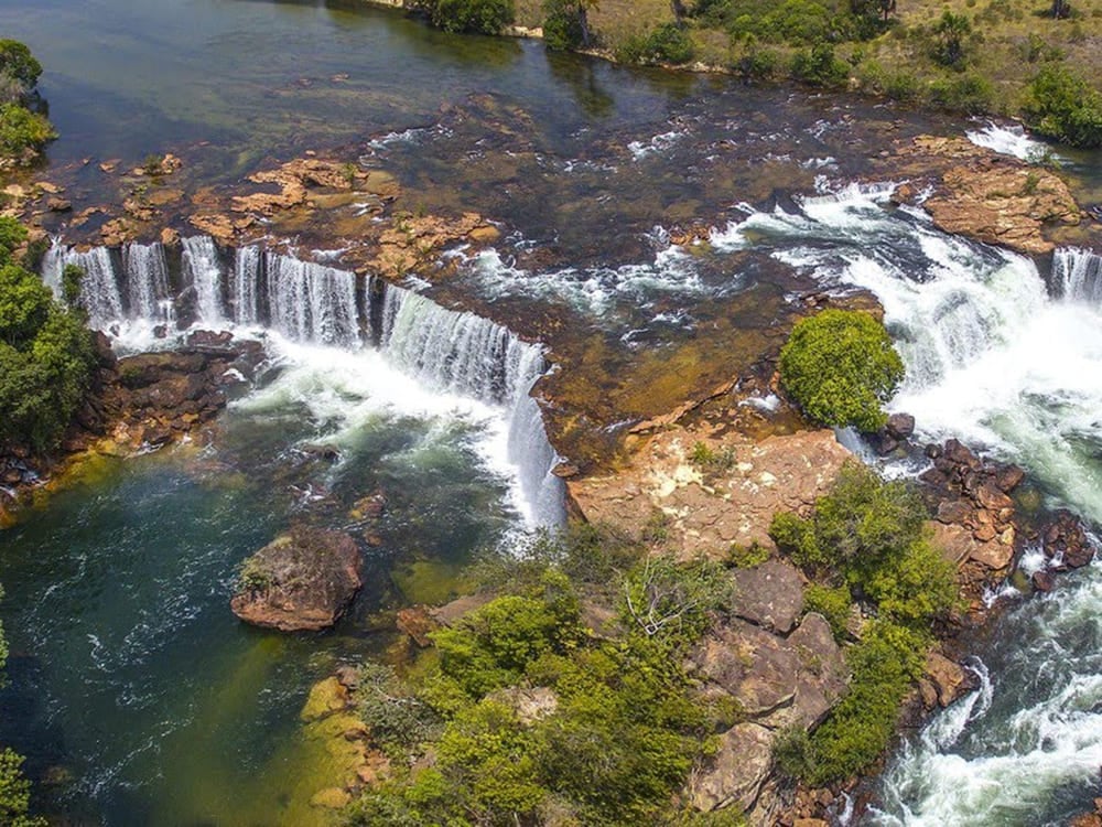 A powerful waterfall cascades down a 15-metre drop in Jalapão State Park, Brazil A powerful waterfall cascades down a 15-metre drop in Jalapão State Park, Brazil