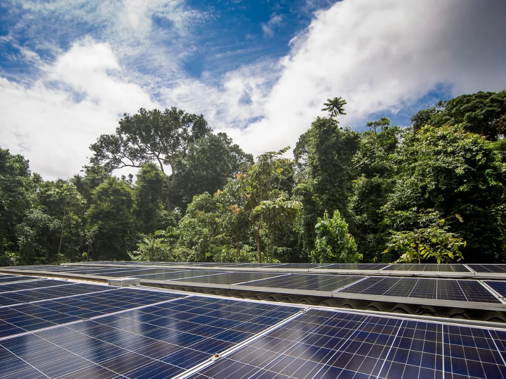 Solar panels powering a low-impact ecolodge in the Amazon rainforest Solar panels powering a low-impact ecolodge in the Amazon rainforest