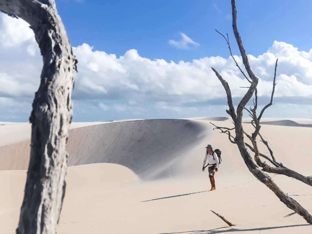 A hiker walks across the vast white sand dunes of Lençóis Maranhenses National Park, framed by dry tree branches under a blue sky. A hiker walks across the vast white sand dunes of Lençóis Maranhenses National Park, framed by dry tree branches under a blue sky.