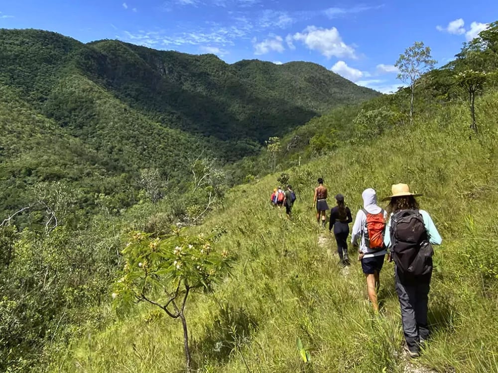A group of travelers hike single-file along a narrow, grassy trail surrounded by the lush green valleys of Chapada dos Veadeiros National Park. A group of travelers hike single-file along a narrow, grassy trail surrounded by the lush green valleys of Chapada dos Veadeiros National Park.