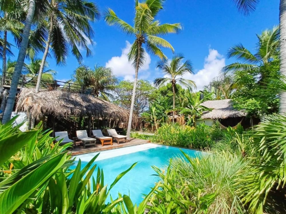 Relaxing area at Vila do Junco with a blue swimming pool surrounded by wooden sun loungers, coconut trees, and thatched kiosks. Relaxing area at Vila do Junco with a blue swimming pool surrounded by wooden sun loungers, coconut trees, and thatched kiosks.