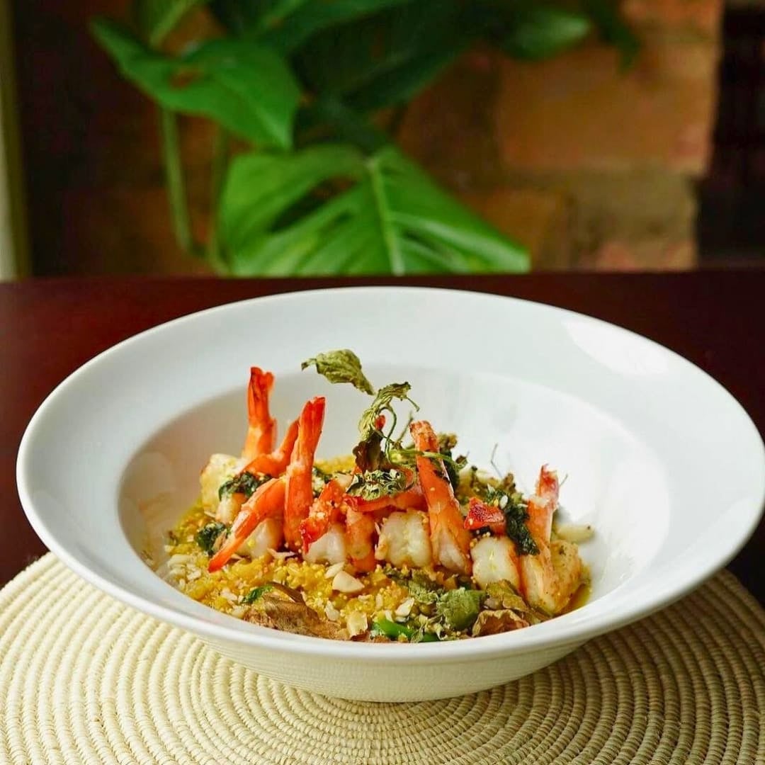 Sophisticated dish featuring shrimp served in a white bowl at a Manaus restaurant. Sophisticated dish featuring shrimp served in a white bowl at a Manaus restaurant.