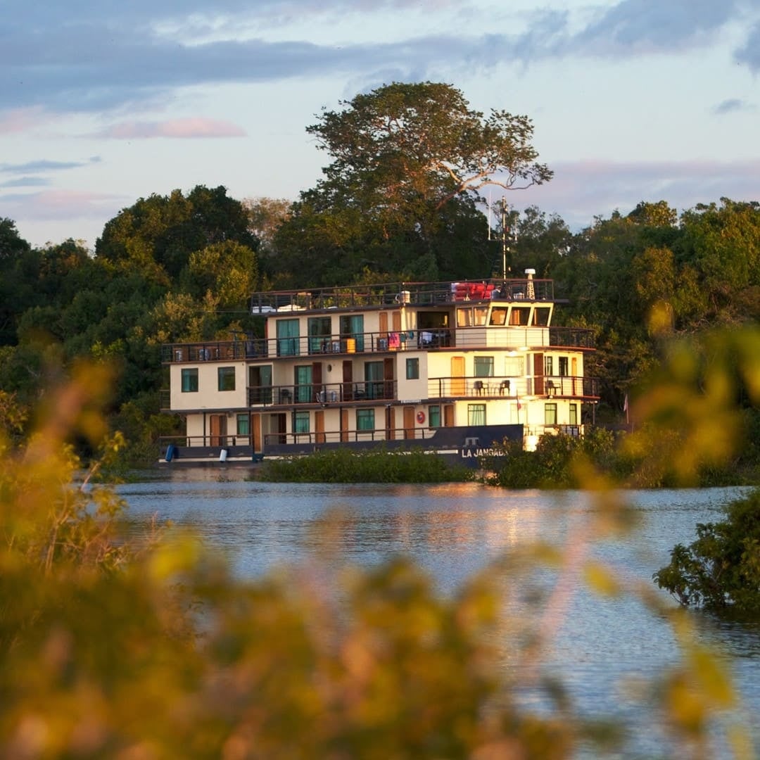 The La Jangada chic catamaran sailing on the Amazon river, surrounded by trees, offering a blend of comfort and adventure. The La Jangada chic catamaran sailing on the Amazon river, surrounded by trees, offering a blend of comfort and adventure.