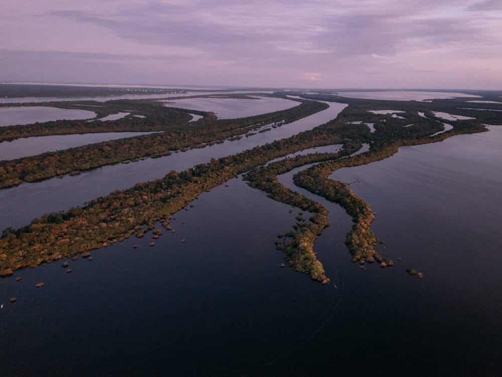 Aerial view of the Anavilhanas Archipelago showing lush green islands scattered across the dark waters of the Negro River. Aerial view of the Anavilhanas Archipelago showing lush green islands scattered across the dark waters of the Negro River.