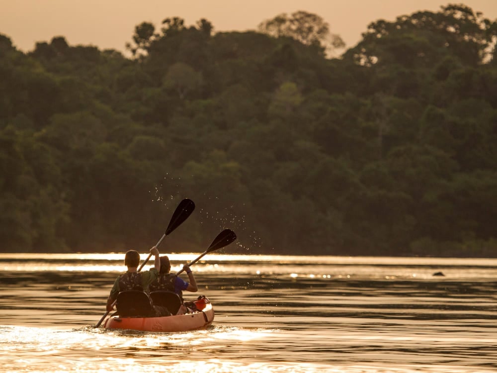 People kayaking in the Amazon rainforest. People kayaking in the Amazon rainforest.