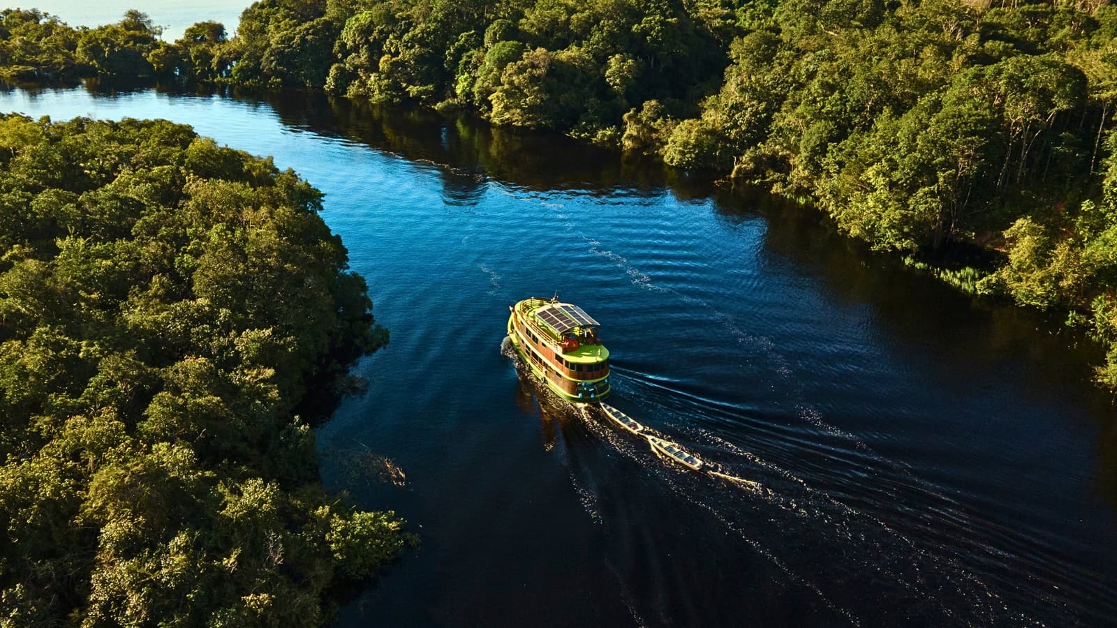 Your floating base camp, threading through the forest like it belongs there. Aerial view of a solar-panelled Amazon river cruise boat with a small tender in tow, navigating a dark blackwater river flanked by dense rainforest canopy