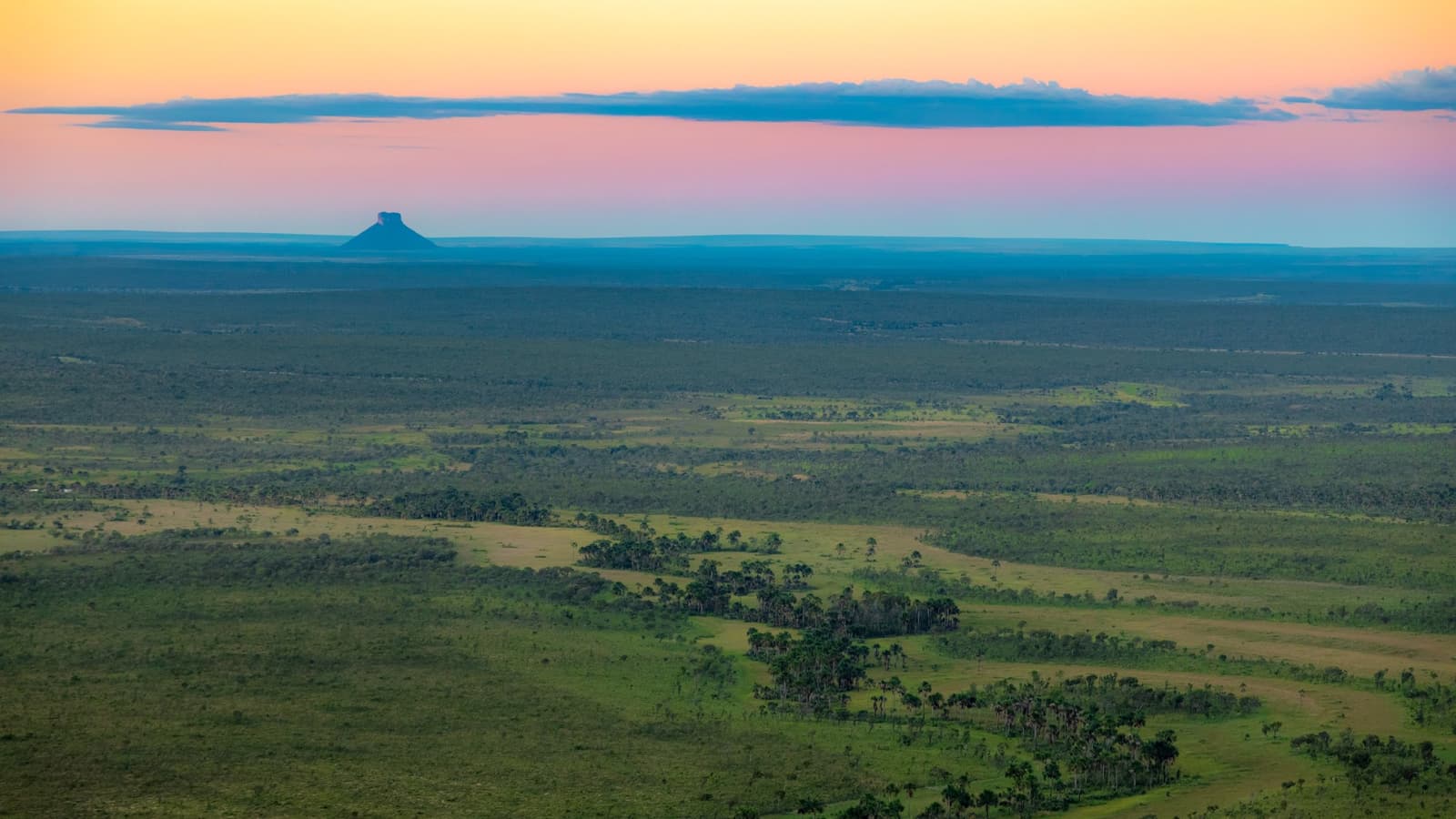 Four hours from Palmas, the landscape opens up into something this wide. Photo: Alberto Andrich Aerial panorama of a vast Cerrado savanna at dusk on a jalapão trip, with a lone flat-topped butte silhouetted against a pink and orange sky on the horizon