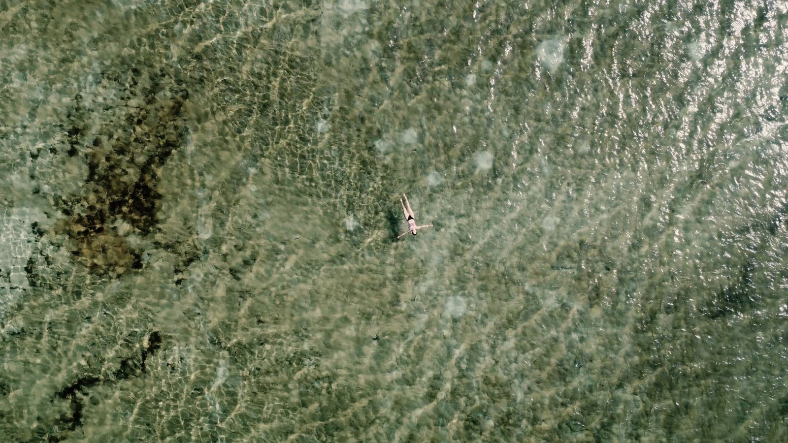 Just you, the water, and a very long way down to the sand. Aerial top-down view of a lone swimmer floating in shallow, crystal-clear water over a rocky seabed in the Lençóis Maranhenses Santo Amaro region, the figure tiny against the vast green-tinted shallows