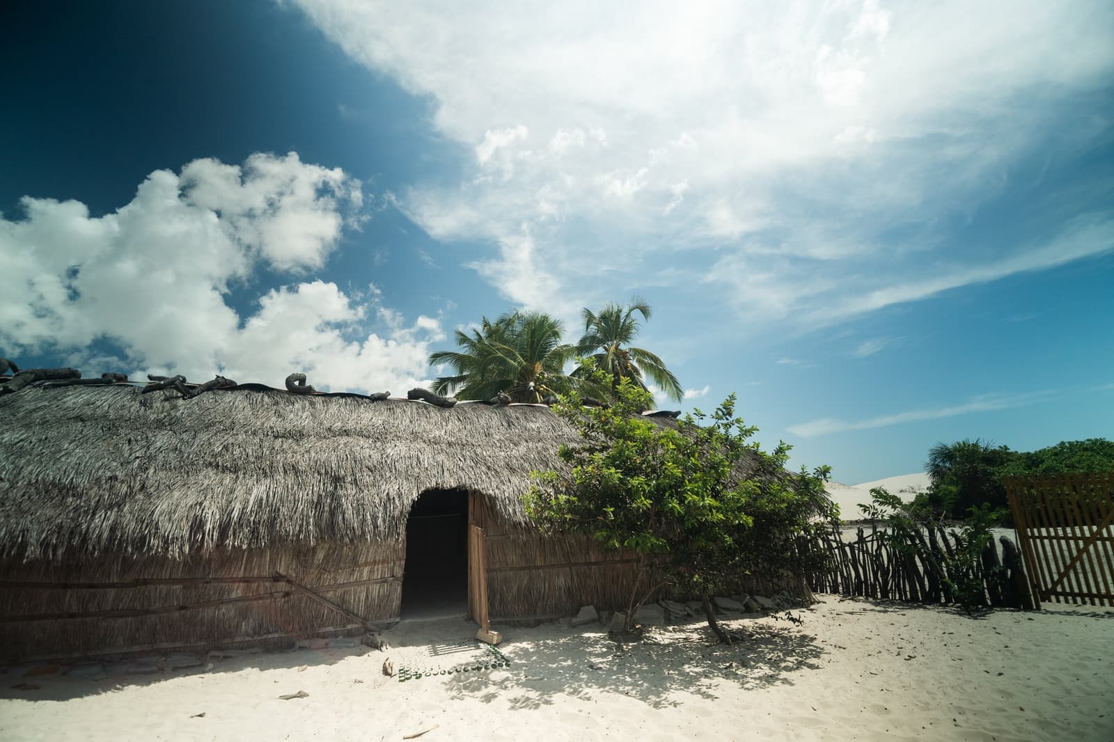 Life here moves at the pace of the sand and the tide. A low thatched-roof shelter with a rounded palm-frond roof and an arched wooden doorway, set on white sand with coconut palms and a rustic wooden fence behind it, on the Lencois Maranhenses Trek from Atins