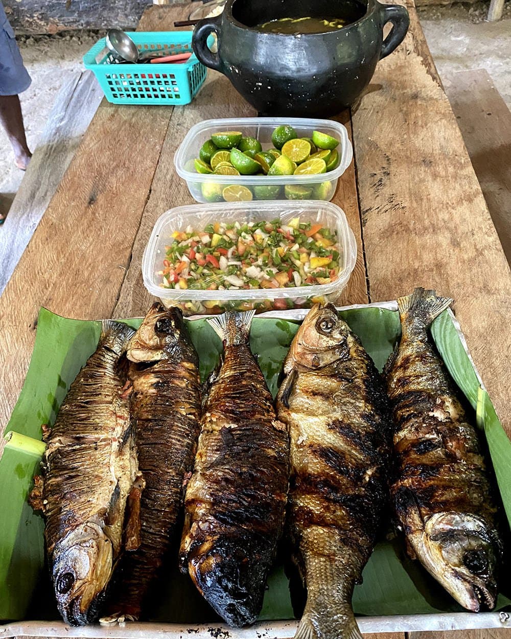 Fish caught, fire lit, banana leaf set. Lunch in the Amazon needs no menu. Four whole grilled fish resting on banana leaves on a wooden table, served with fresh-cut limes, a chopped vegetable salsa, and a black clay pot of broth during a Pico da Neblina Expedition meal stop