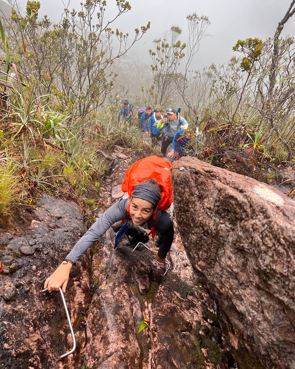 Hands on rock, pack on back, grin firmly in place. A smiling hiker with a red pack cover grips a fixed metal handle while scrambling up a wet, mossy rock face on the Pico da Neblina Expedition, with a line of trekkers and fog-shrouded tepui vegetation stretching behind her