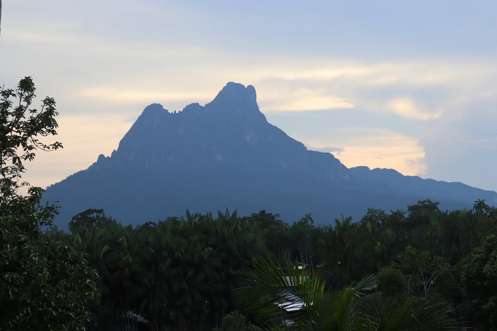 That peak has been watching the forest long before anyone thought to climb it. Jagged rocky peak of Pico da Neblina rising above a dense Amazon rainforest canopy at dusk, silhouetted against a soft blue and peach sky