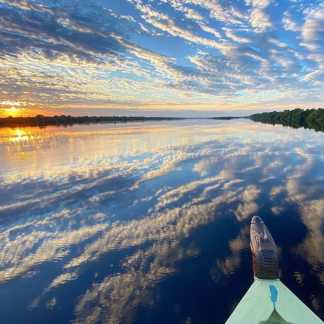 The river so still it forgets where sky ends and water begins. View from the bow of a wooden boat on an Amazon jungle cruise in Brazil, with a carved caiman figurehead pointing toward a glass-calm black-water river reflecting a golden sunrise and scattered clouds, dense forest lining both banks