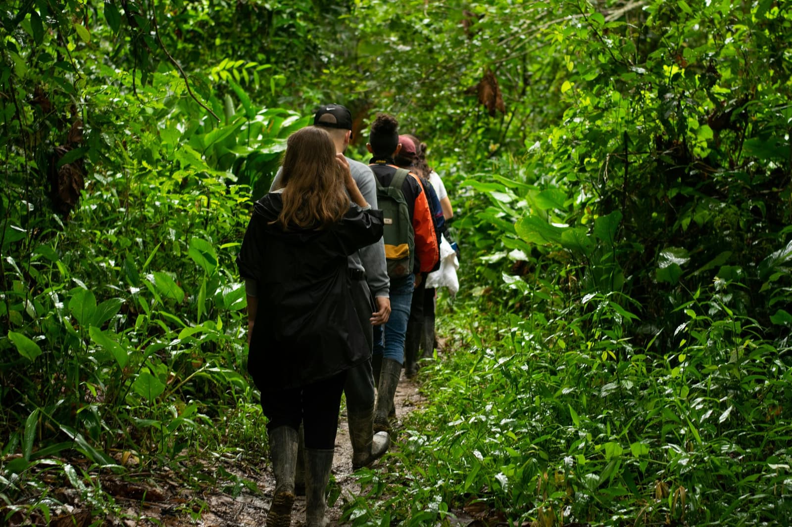 Mud on your boots means the forest is doing its job. A group of ecotourists wearing rubber boots walks single file along a narrow muddy trail through dense green rainforest vegetation on an amazon turtle lodge guided hike
