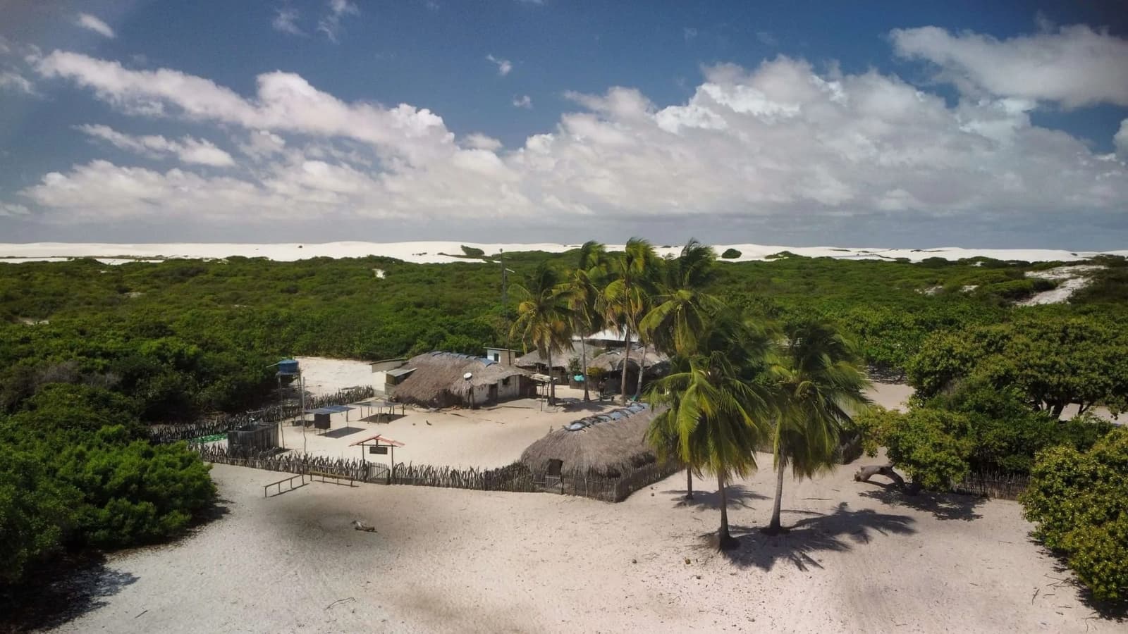 Life finds a way, even between the dunes and the bush. Aerial view of a small oasis settlement with thatched-roof huts, palm trees, and stick fences nestled between dense green scrub and white sand dunes on the lencois maranhenses trek route