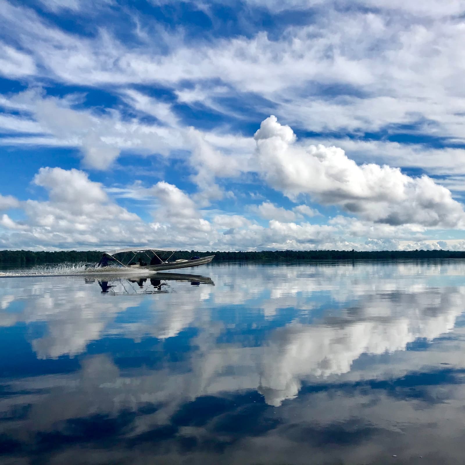 Flat water, big sky, and the feeling that the river goes on forever. A motorized canoe speeds across a mirror-flat black-water river on the Pico da Neblina Expedition, with a dense forest horizon and billowing cumulus clouds perfectly reflected on the glassy surface