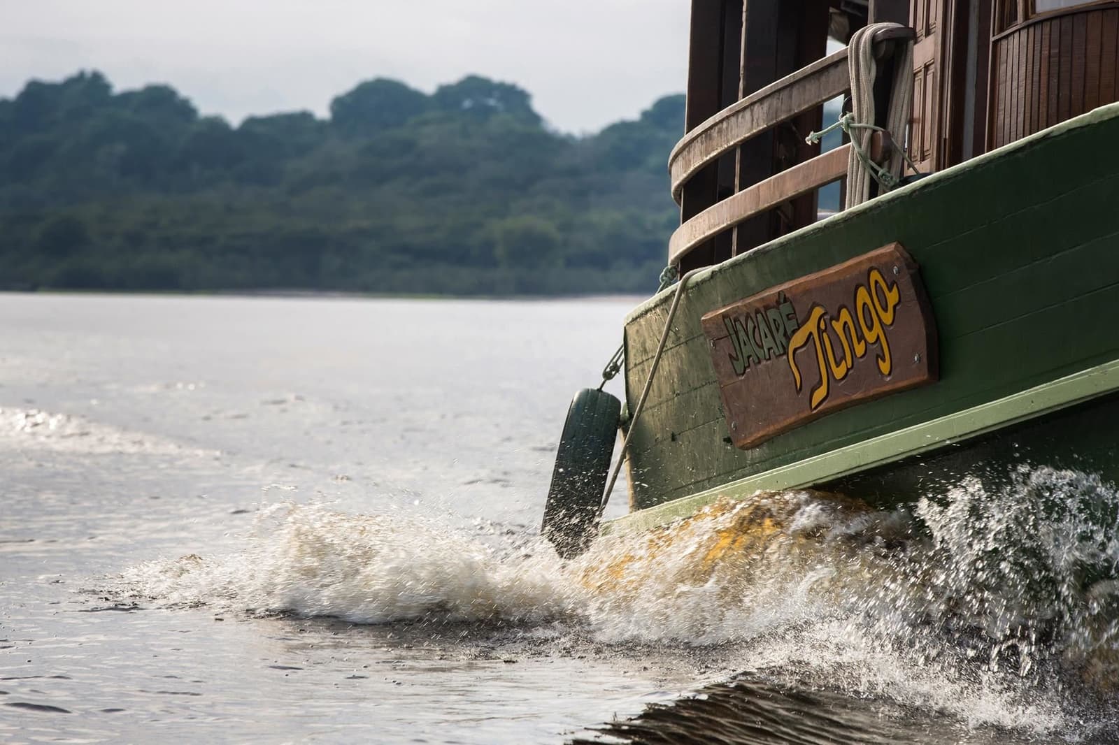 The Jacaré Tingo knows these waters like an old friend. The bow of the Jacaré-Açu riverboat cutting through dark Amazon river water, sending up white spray, with dense rainforest lining the far bank on this Amazon cruise trip in Brazil