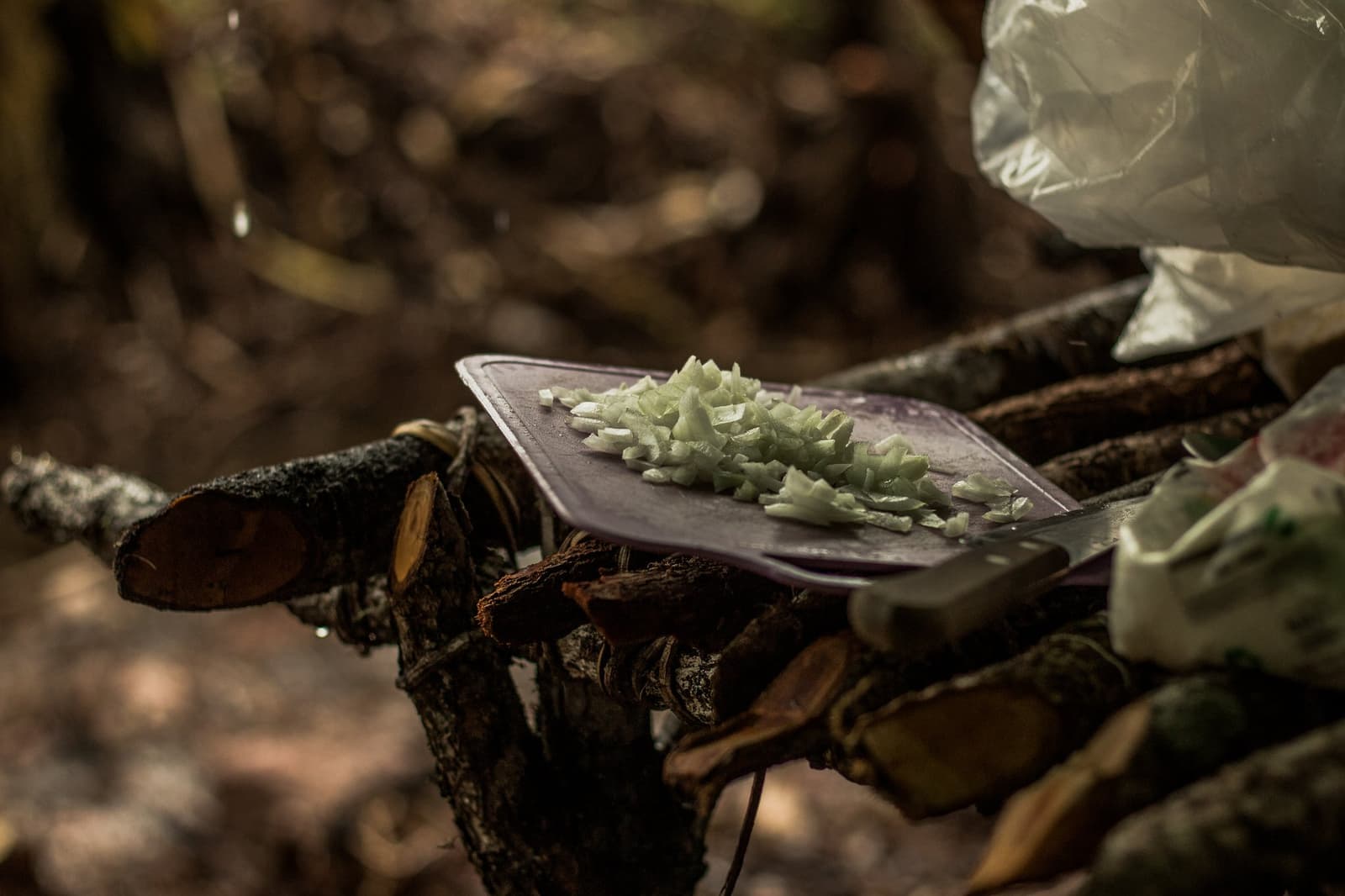 Dinner starts with a cutting board, a stack of firewood, and whatever the bag holds. Chopped green vegetables on a small cutting board balanced on a stack of firewood during a Pico da Neblina Expedition camp meal preparation, with a knife resting at the edge and supply bags nearby