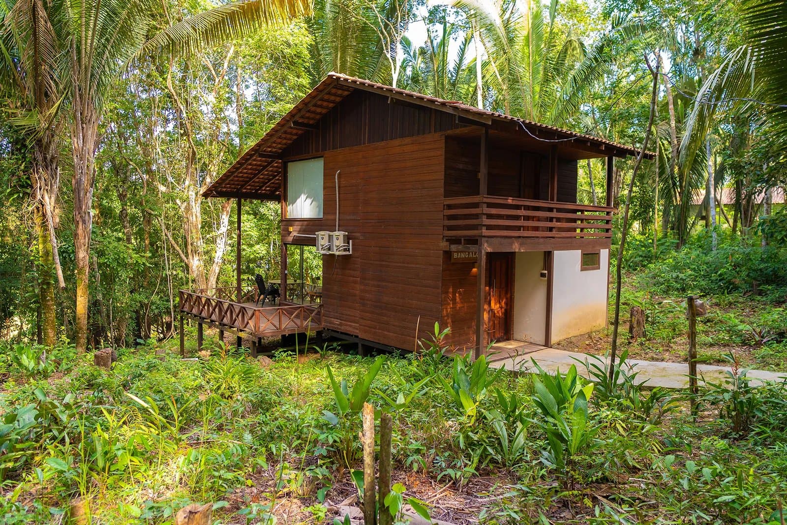 Small footprint, big forest all around, this is how you sleep in the Amazon. Elevated wooden bungalow at an Amazon boutique lodge surrounded by tall palms and dense tropical undergrowth, with a wraparound deck and chairs visible