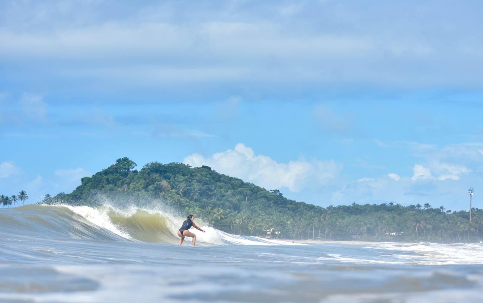 A clean, peeling wave and nobody else on it. Some days just line up perfectly. Photo: Picasa A woman crouches low on her surfboard, taking surf lessons in Itacaré, as a peeling wave breaks in front of a lush, forested headland under a blue sky.