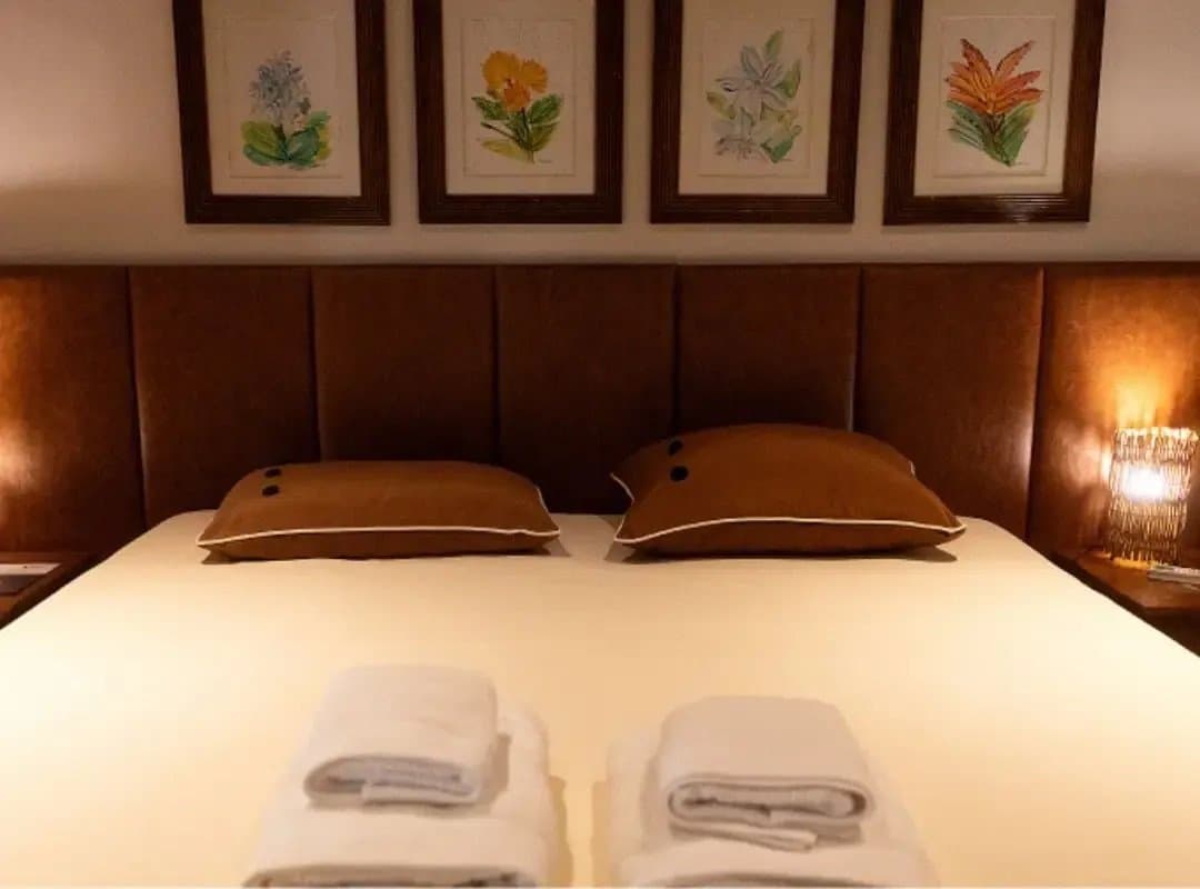 Botanical prints, warm lamplight, and towels already folded. Rest is part of the itinerary too. Neatly made double bed with terracotta cushions, folded white towels at the foot, a warm bedside lamp glowing, and four botanical watercolour prints above the headboard at a southern pantanal safari lodge.