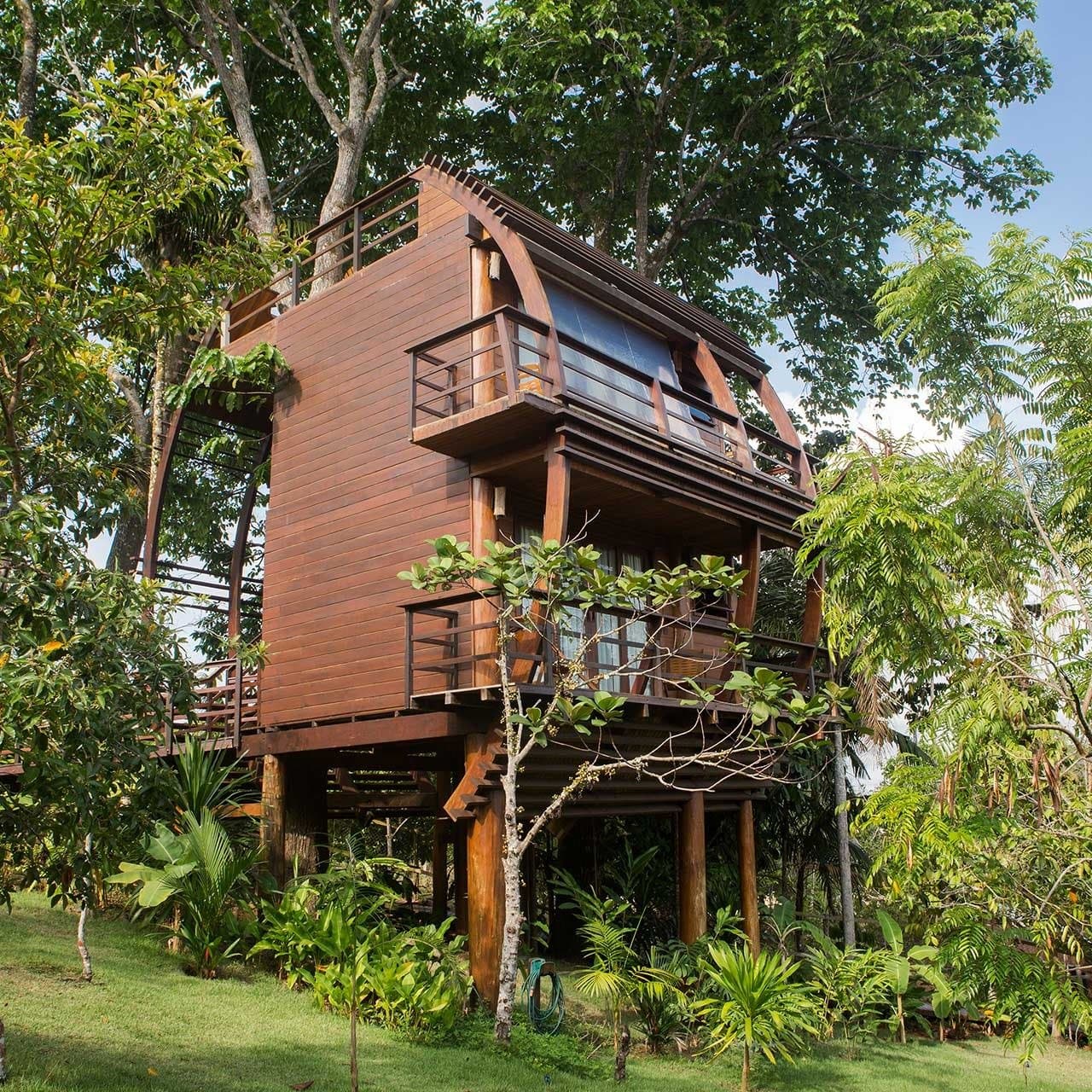 Your room is up there, somewhere among the canopy. A multi-storey luxury amazon lodge brazil treehouse built from rich hardwood, elevated on stilts and nestled among lush tropical trees with wrap-around balconies on each level