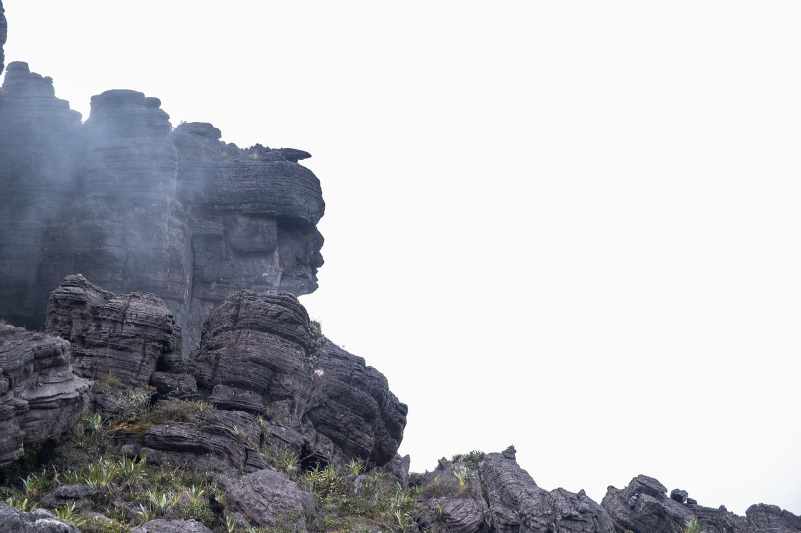 The mountain has been watching long before anyone thought to climb it. Layered ancient sandstone rock formations rising through mist on the Mount Roraima hike, with sparse bromeliad vegetation clinging to the lower ledges