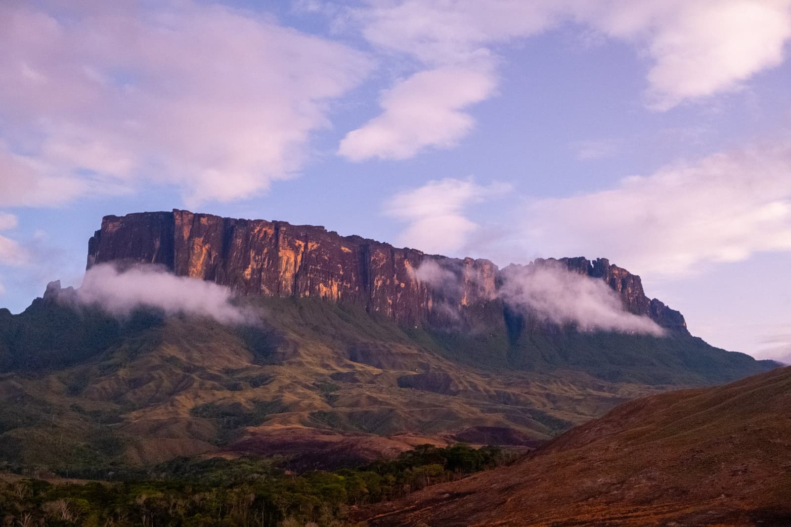 That moment the last light hits the cliffs and you forget you still have days of hiking ahead. A flat-topped tepui rises above rolling green savannah on the Mount Roraima trek, its sheer sandstone cliffs glowing amber in low light while mist clings to the base of the plateau