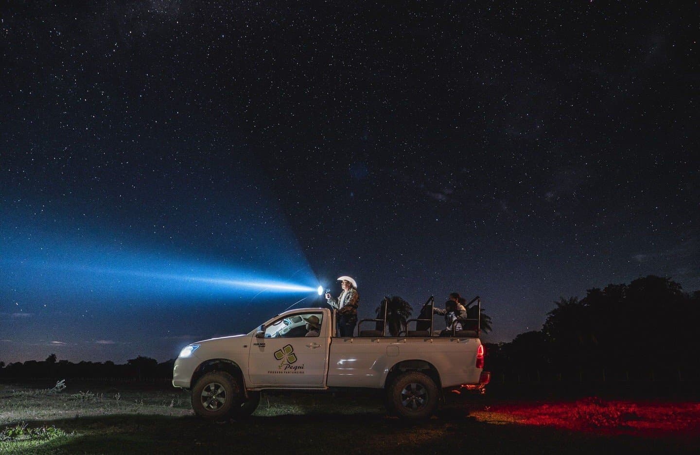 The Pantanal after dark runs on spotlights, stars, and a lot of patience. A guide standing in the back of a Pantanal lodge truck sweeps a powerful spotlight across a star-filled night sky during a Pantanal Bonito tour night safari