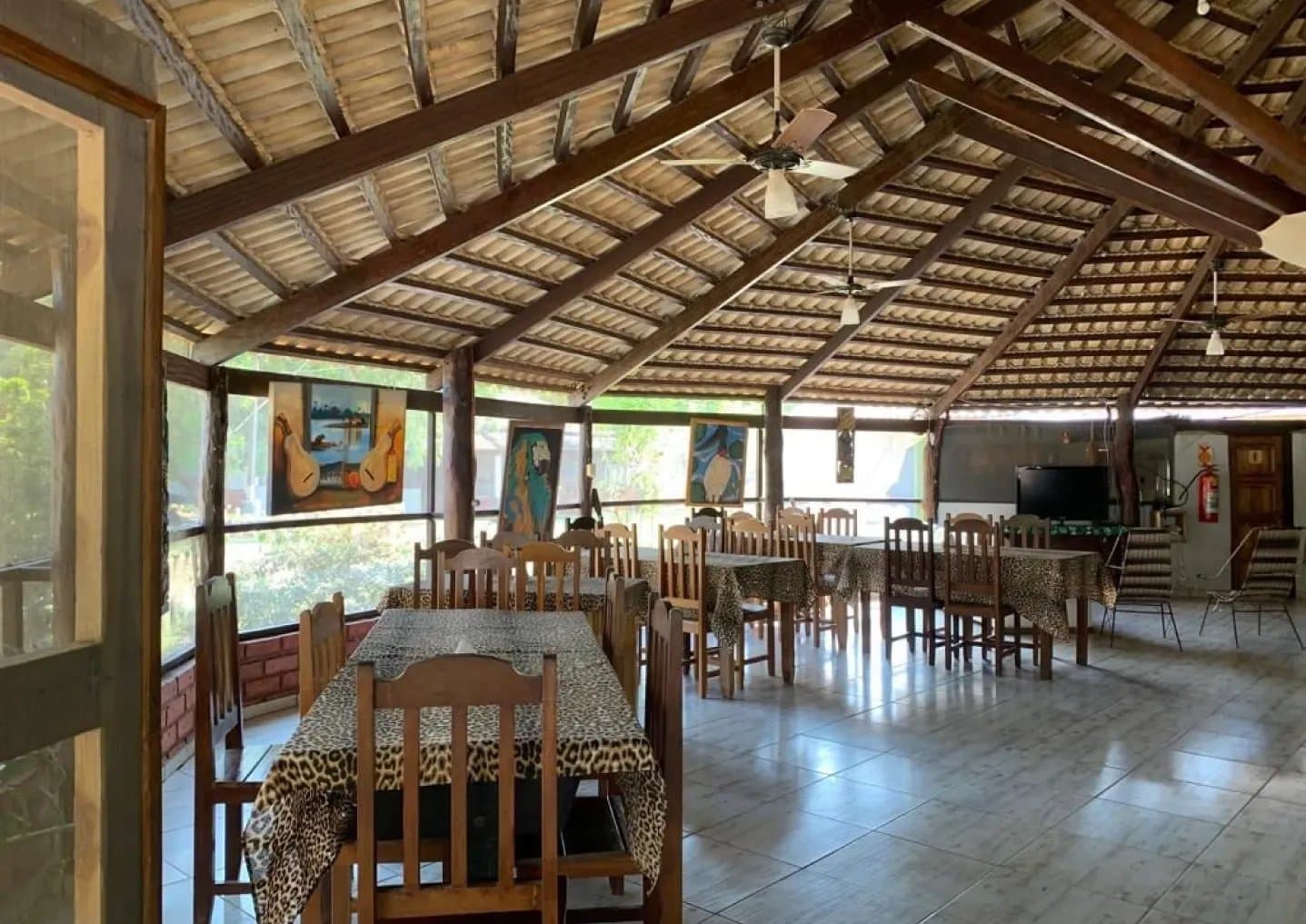 After a long day on the water, this is exactly where you want to be. Open-air dining room at a Pantanal jaguar budget safari lodge, featuring wooden ceiling beams, ceiling fans, leopard-print tablecloths, and wildlife-themed paintings along screened windows overlooking greenery