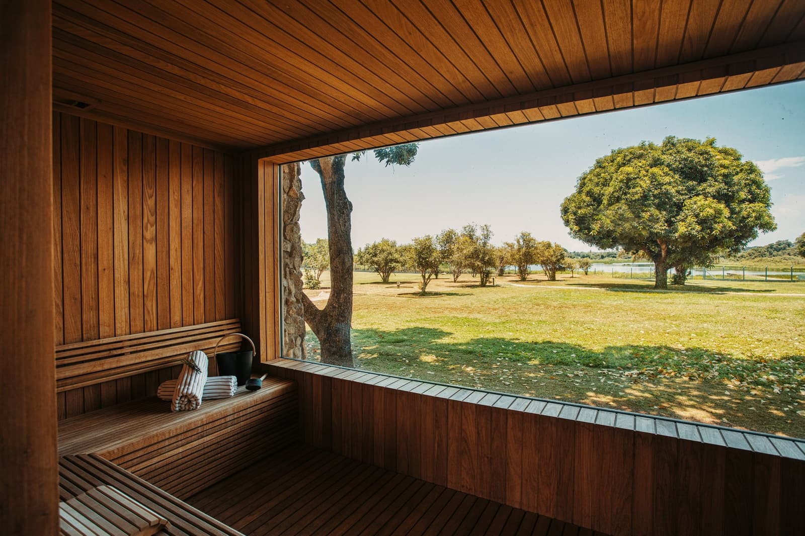 The hot bench, the bucket, the trees outside, some rituals travel well. Timber-lined sauna interior at a pantanal luxury safari lodge, with a wide picture window framing a sunlit lawn, scattered trees, and a distant lake