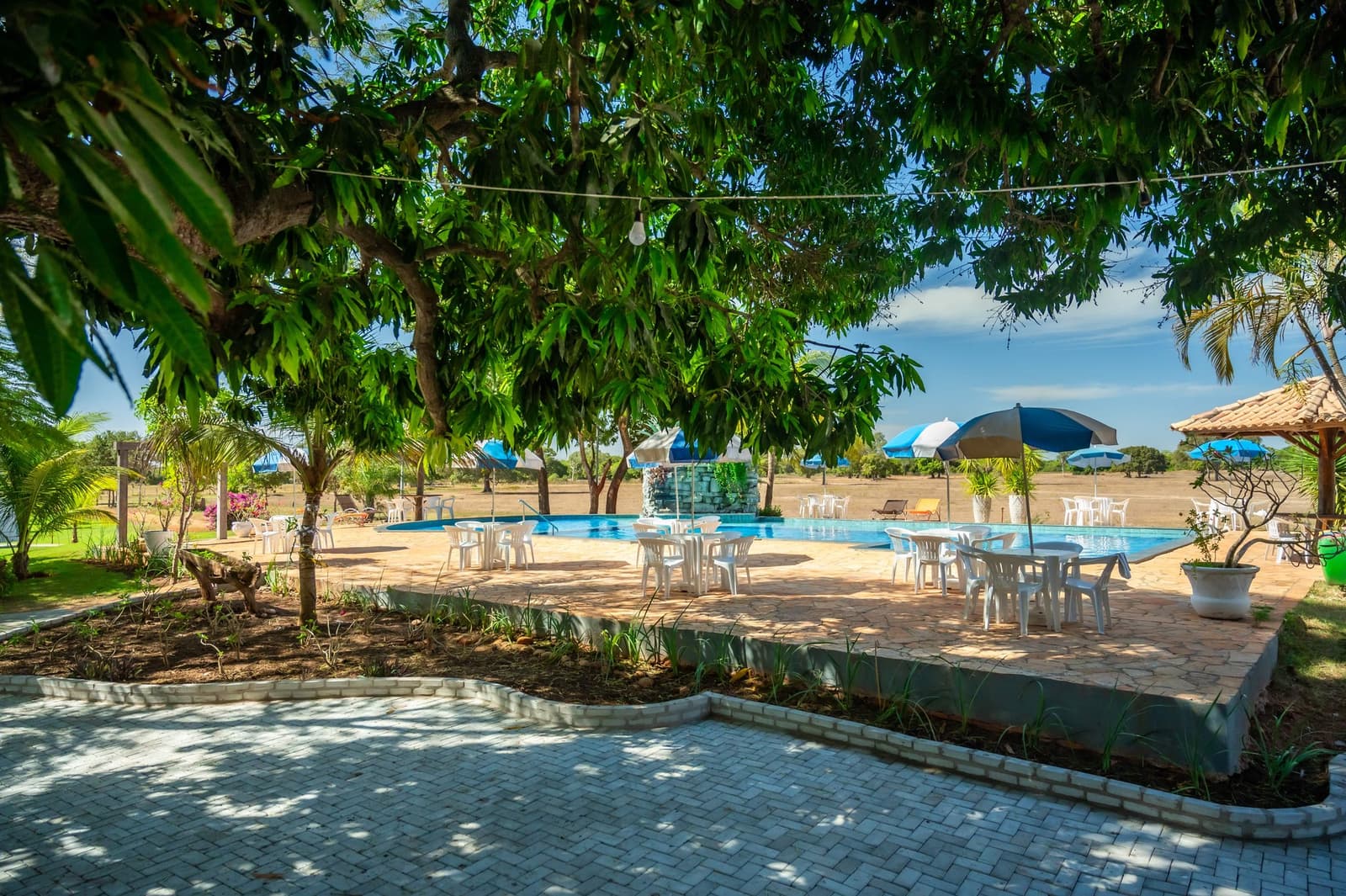 Cool shade, cold drink, nowhere to be. Lodge life has its own rhythm. Shaded pool terrace with white patio furniture and colourful umbrellas at a Pantanal Tour from Cuiabá lodge, surrounded by leafy trees and open savanna beyond