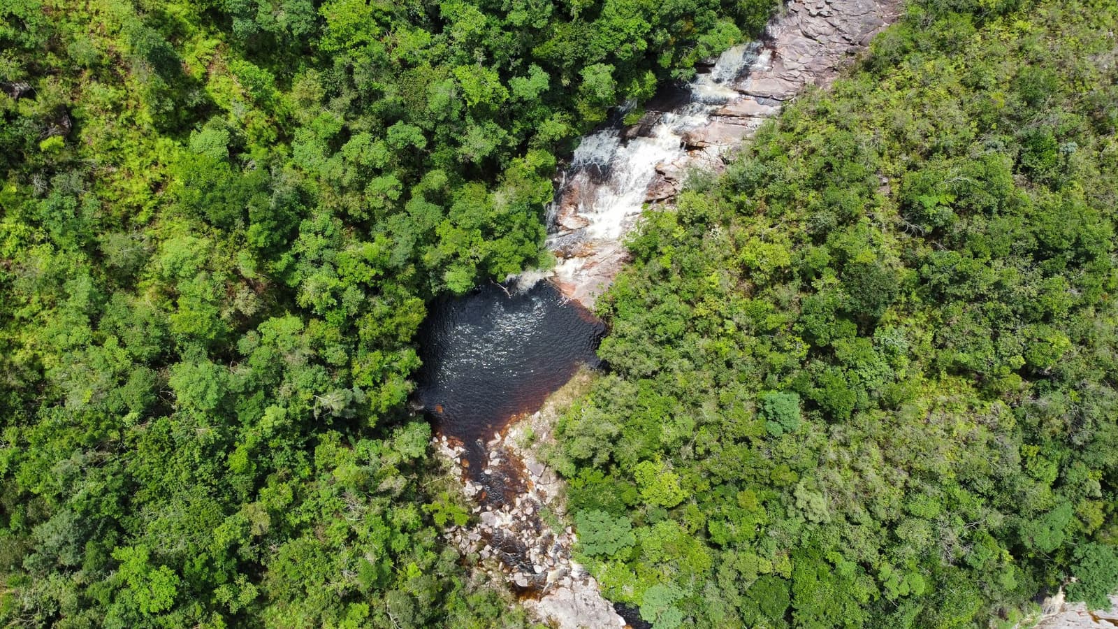 Nature hid this one well. Worth every step of the trail. Aerial view of a cascading waterfall tumbling over bare rock into a dark tannin-stained natural pool, surrounded by dense green forest canopy on the Pati Valley hike