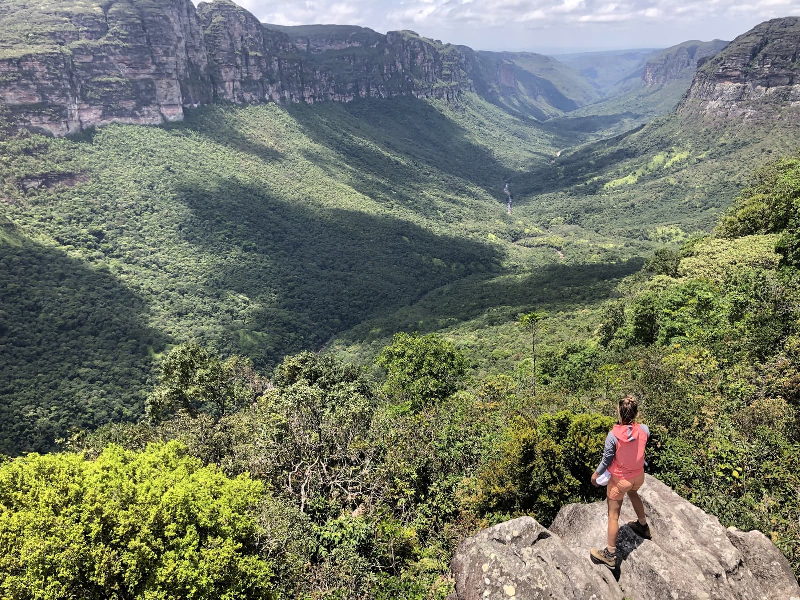 The valley keeps going long after the trail runs out. A hiker stands on a rocky outcrop overlooking the vast forested canyon of the Pati Valley hike, with sheer sandstone cliffs and a distant waterfall visible in the valley below
