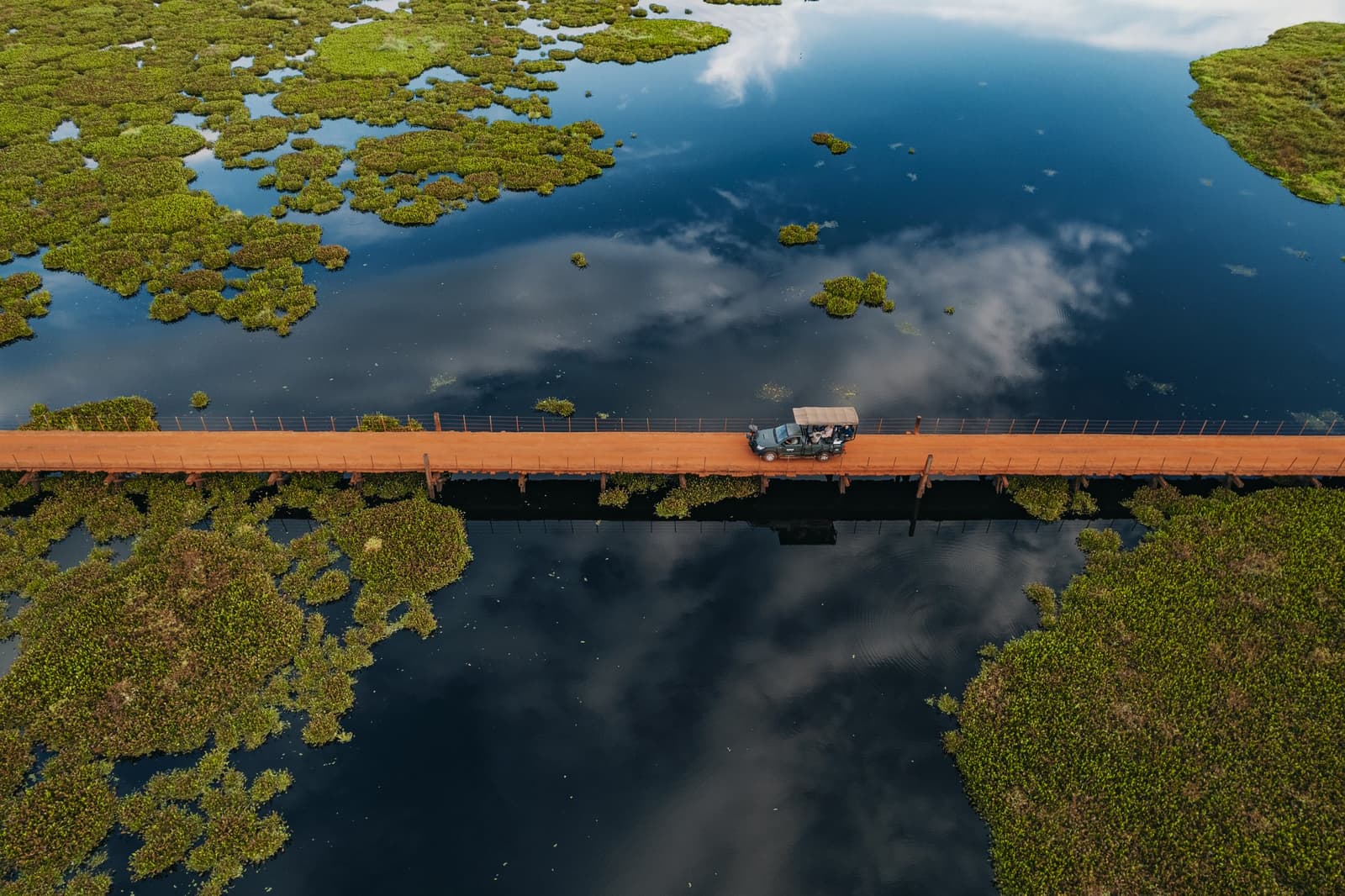 Somewhere between the sky and the water, the road keeps its own logic. Photo: Felipe Castellari Aerial view of a canopied 4x4 safari vehicle crossing a long wooden bridge over mirror-calm flooded wetlands dotted with aquatic vegetation, on a luxury Pantanal and Amazon trip
