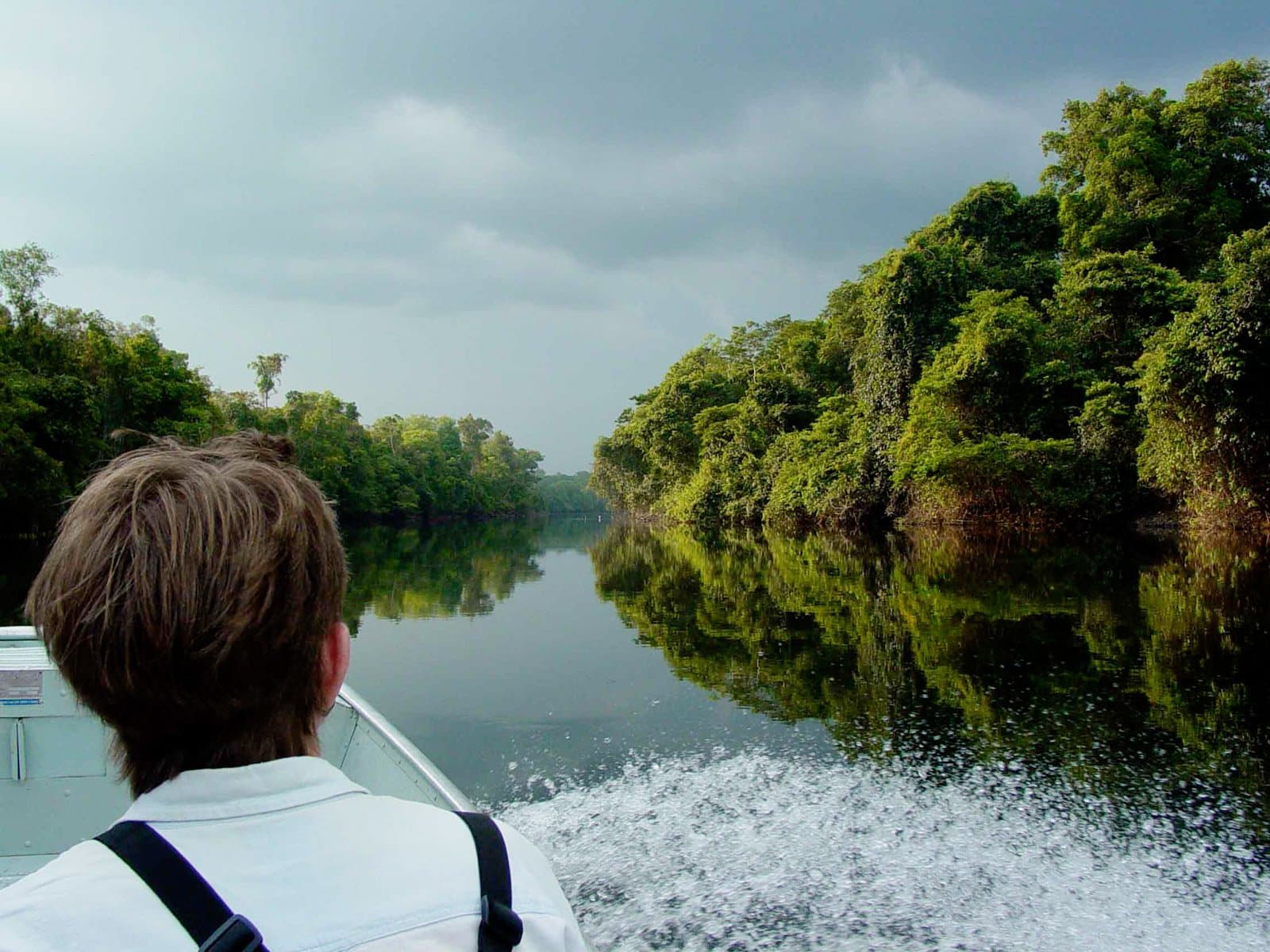 Rain coming, forest closing in, nobody on board seems to mind. Photo: Jorge Lopes A traveler rides a motorboat through a narrow rainforest river channel on a luxury Pantanal and Amazon trip, with dense green canopy reflected in the dark still water under a stormy sky