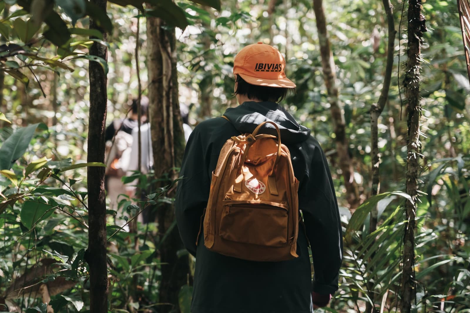 Follow the person in front, keep your eyes open, repeat. A hiker wearing an orange cap and tan backpack walks along a shaded jungle trail during a luxury Amazon cruise in Brazil, with dense green forest canopy overhead and other travelers visible ahead.