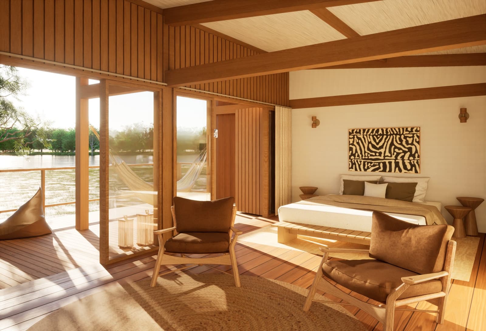 Afternoon light does half the decorating here, the river takes care of the rest. Sunlit lodge suite interior on a luxury Pantanal and Amazon trip, featuring warm timber walls, exposed beams, a king bed with earth-tone cushions, two wooden armchairs, and floor-to-ceiling glass doors opening onto a deck with a hammock and river views beyond