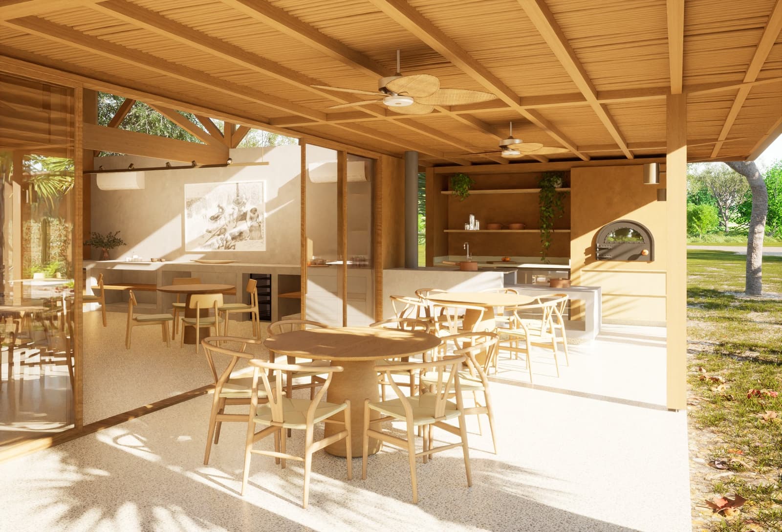 Good food, good company, and a wood-fired oven that means business. Architectural render of an open-air dining pavilion on a luxury Pantanal and Amazon trip, featuring round wooden tables with wishbone chairs, a wood-fired oven, open shelving with trailing plants, rattan ceiling fans, and a timber-beamed roof opening to lush gardens