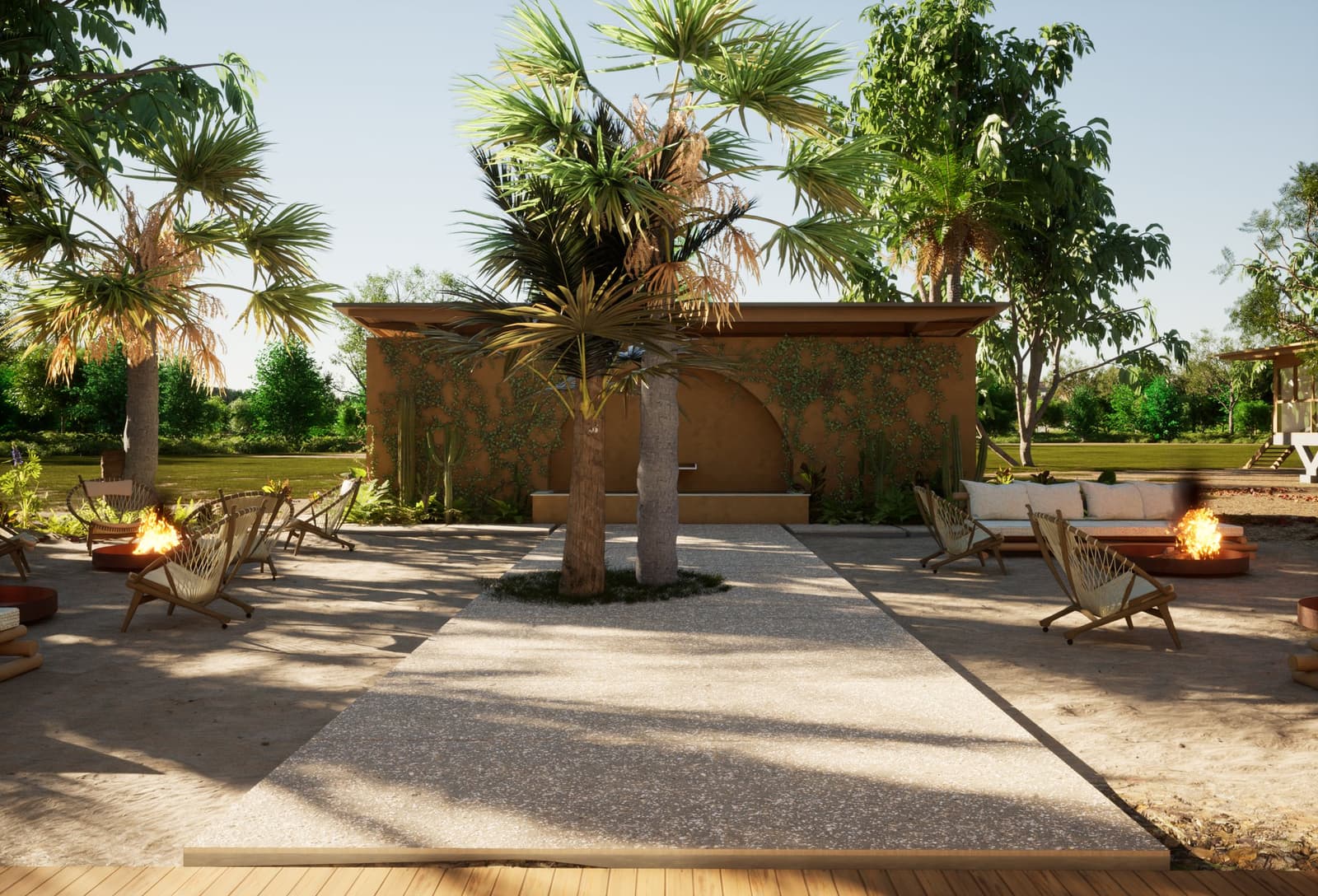 Fire pits lit, chairs pulled close, the evening briefing practically runs itself. Photo: Lucio Fleury Rendered architectural view of an open-air courtyard at a luxury Pantanal and Amazon trip lodge, featuring fan palms along a stone pathway, rope-woven lounge chairs, glowing fire bowls, and a vine-covered terracotta wall with an arched alcove